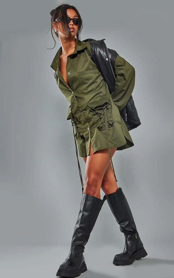 Robe Chemise Oversize En Maille Sergée Kaki à Poches Lacées 3 Robe Chemise Oversize En Maille Sergée Kaki à Poches Lacées – Image 3