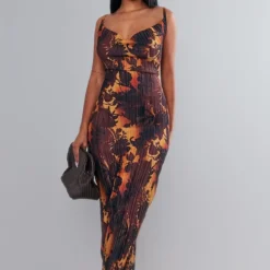 Robe Longue Plissée Marron Imprimé Dégradé à Bretelles -Pas Cher Robe Tendre Magasin a32cfbd37dd589dd8f7cd561da22cd9155e71624 cnc9999 3