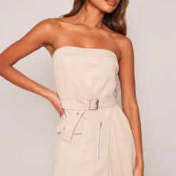 Robe Moulante Cargo Gris Pierre Plissée à Ceinture Nouée