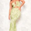 Robe Longue Bustier Découpée Imprimé Renaissance Vert Citron à Anneaux