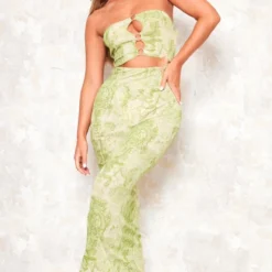 Robe Longue Bustier Découpée Imprimé Renaissance Vert Citron à Anneaux