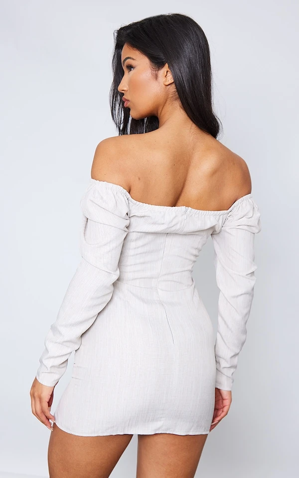 Robe Moulante Gris Pierre Effet Lin Plissée à Liserés Et Col Bardot 2 Robe Moulante Gris Pierre Effet Lin Plissée à Liserés Et Col Bardot – Image 2