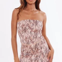 Robe Moulante Bustier En Suédine Marron Imprimée Leopard