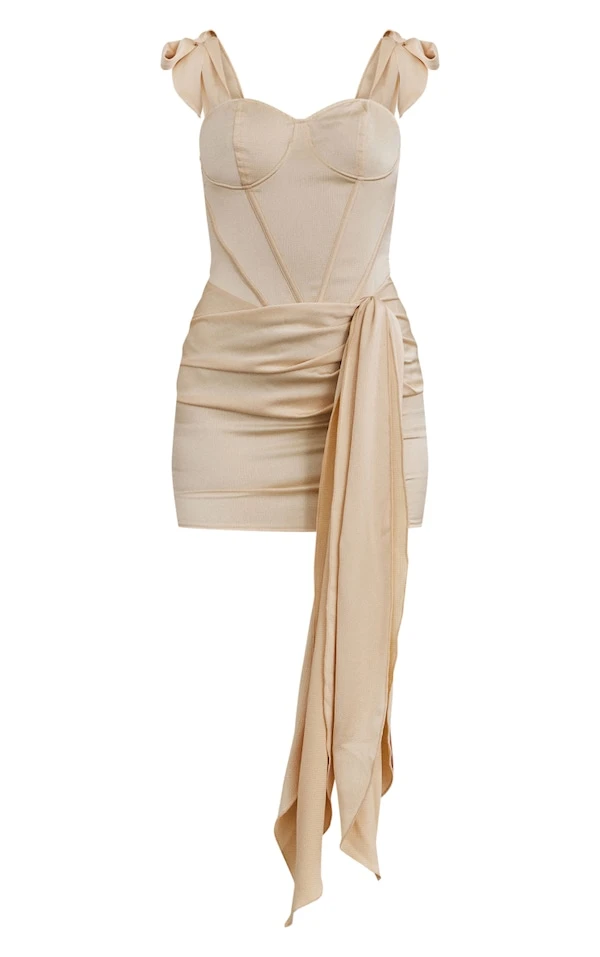 Robe Moulante Texturée Champagne Satinée à Détail Corset Et Jupe Drapée 5 Robe Moulante Texturée Champagne Satinée à Détail Corset Et Jupe Drapée – Image 5