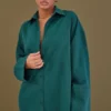 Robe Chemise Oversize En Popeline Vert Forêt à Mancherons Larges