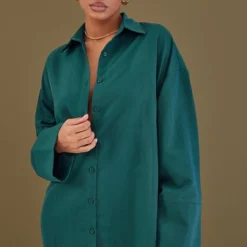 Robe Chemise Oversize En Popeline Vert Forêt à Mancherons Larges