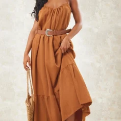 Robe Longue Plissée Rouille Superposée à Bretelles -Pas Cher Robe Tendre Magasin a6160630d8ae7c1490642b1c14549ca33164682c cne1533 1