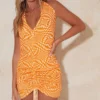 Robe Moulante En Mesh Dévoré Orange à Dos Nu Et Fronces