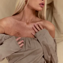 Robe Moulante Effet Lin Champignon Froncée à Col Bardot -Pas Cher Robe Tendre Magasin a739fe9d952578176f54edc70d49d252b9a290ea cnd7647 4