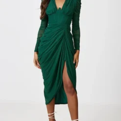 Robe Mi-longue En Mesh Froncé Drapé Vert émeraude à Manches Longues -Pas Cher Robe Tendre Magasin a823b55f7b19ebdb8bfb25e99c7cec89625d8464 cnc7626 3