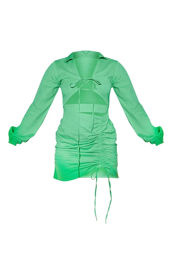 Robe Moulante Vert Vif Effet Lin à Jupe Froncée Et Liens Noués 5 Robe Moulante Vert Vif Effet Lin à Jupe Froncée Et Liens Noués – Image 5