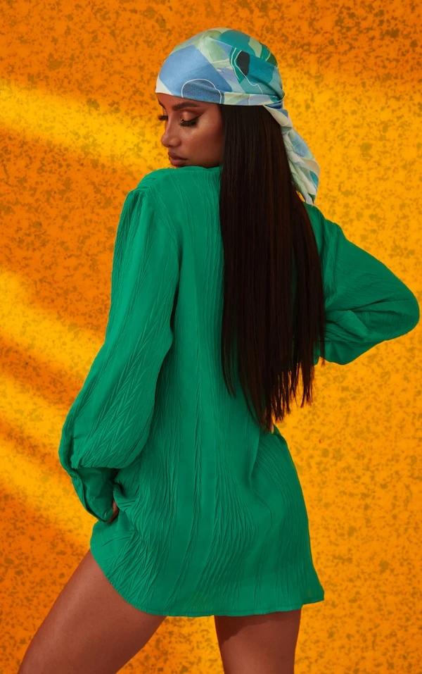 Robe Chemise Verte Froncée Devant Texturée à Manches Longues 3 Robe Chemise Verte Froncée Devant Texturée à Manches Longues – Image 3