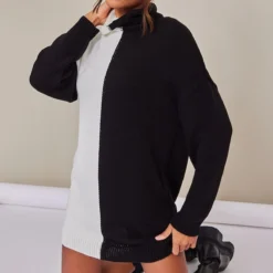 Robe Pull En Maille Noir & Blanc Style Colourblock à Col Roulé