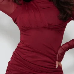 Robe Moulante En Mesh Drapé Prune Foncé à Col Montant Et Fronces -Pas Cher Robe Tendre Magasin aa307cbd099b0adf12eae567860625d8178971f9 cnc2961 4