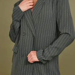 Robe Blazer Oversier Kaki Sauge à Fines Rayures Et Double Boutonnière -Pas Cher Robe Tendre Magasin acb7fb4b082fe2af75467d87d9c0f950a0ff76bc cnc2878 4