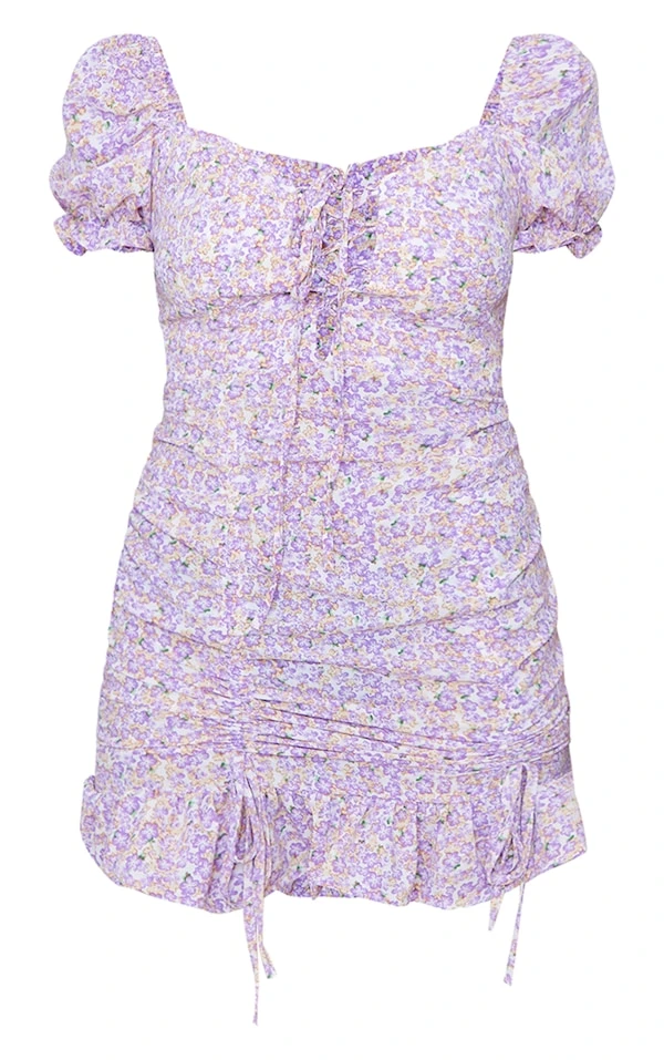 Robe Moulante Lilas Froncée à Petites Fleurs Et Manches Bouffantes 5 Robe Moulante Lilas Froncée à Petites Fleurs Et Manches Bouffantes – Image 5