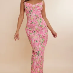 Robe Longue Plissée à Imprimé Abstrait Fleuri Rose Et Bretelles