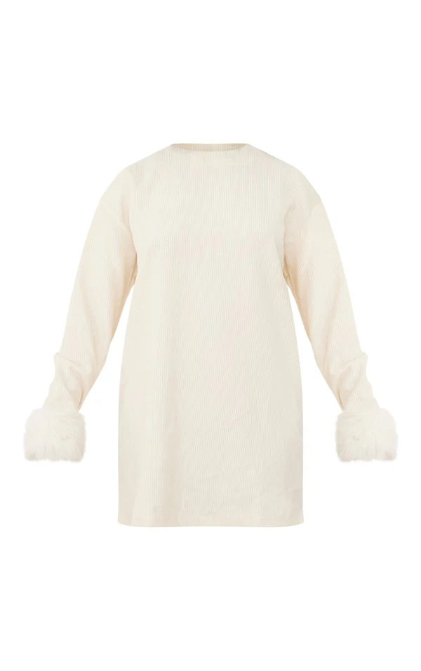 Robe Pull Oversize En Velours Côtelé Crème à Manchettes En Fausse Fourrure 5 Robe Pull Oversize En Velours Côtelé Crème à Manchettes En Fausse Fourrure – Image 5