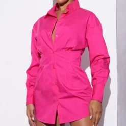 Renew Robe Chemise Rose Ajustée à La Taille à Manches Longues