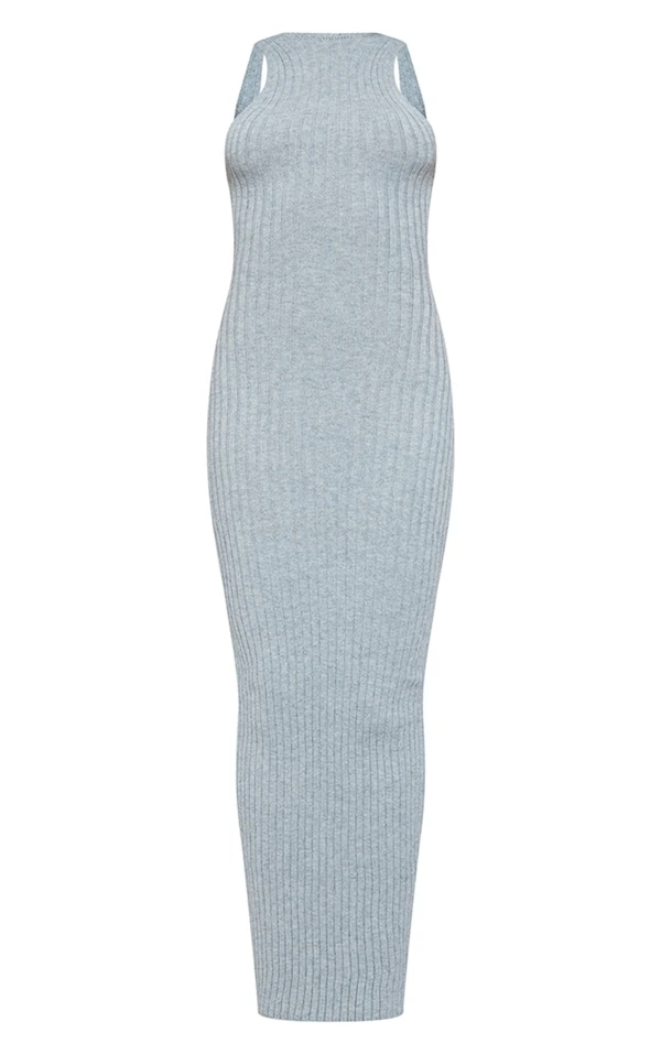 Robe Longue En Maille Tricot Gris Chiné à Dos Nageur échancré 5 Robe Longue En Maille Tricot Gris Chiné à Dos Nageur échancré – Image 5