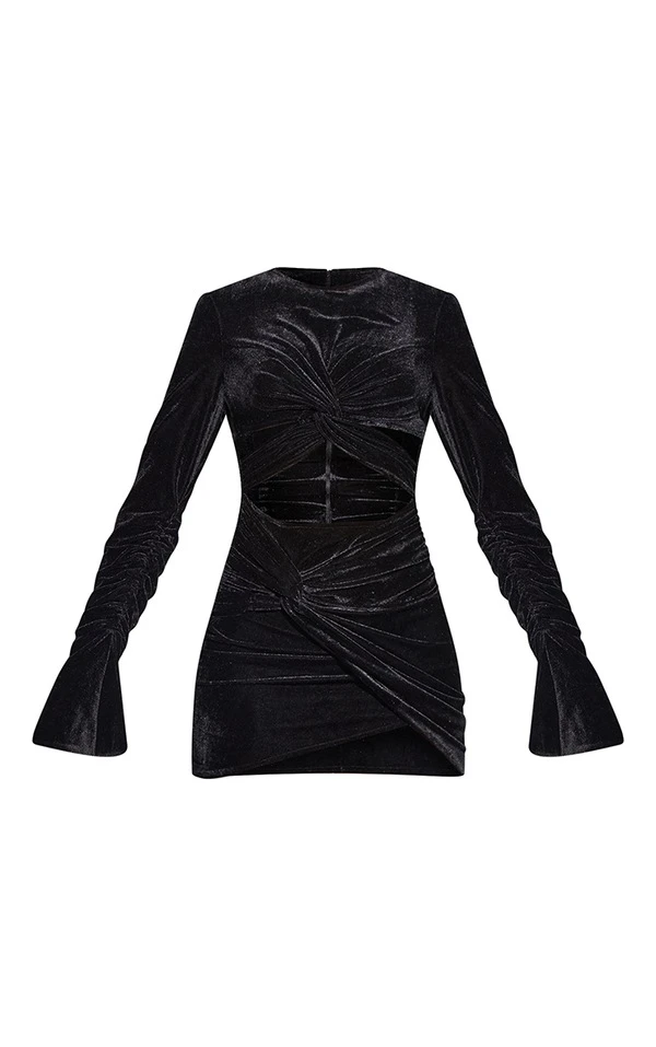 Robe Moulante En Velours Noir Torsadée Devant à Découpes Et Manches Froncées 5 Robe Moulante En Velours Noir Torsadée Devant à Découpes Et Manches Froncées – Image 5