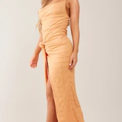Robe Longue Texturée Orange à Col Bénitier Noué -Pas Cher Robe Tendre Magasin b09cc4af58c024e4604811dbf5fe20b14a76f62a cnd7603 3