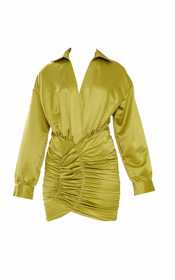 Robe Chemise Vert Olive Satinée à Décolleté Et Jupe Froncée 5 Robe Chemise Vert Olive Satinée à Décolleté Et Jupe Froncée – Image 5