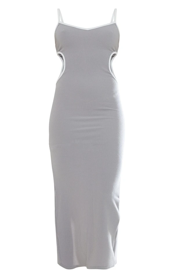 Robe Longue Grise Côtelée Texturée à Découpes Et Liserés Contrastants 5 Robe Longue Grise Côtelée Texturée à Découpes Et Liserés Contrastants – Image 5