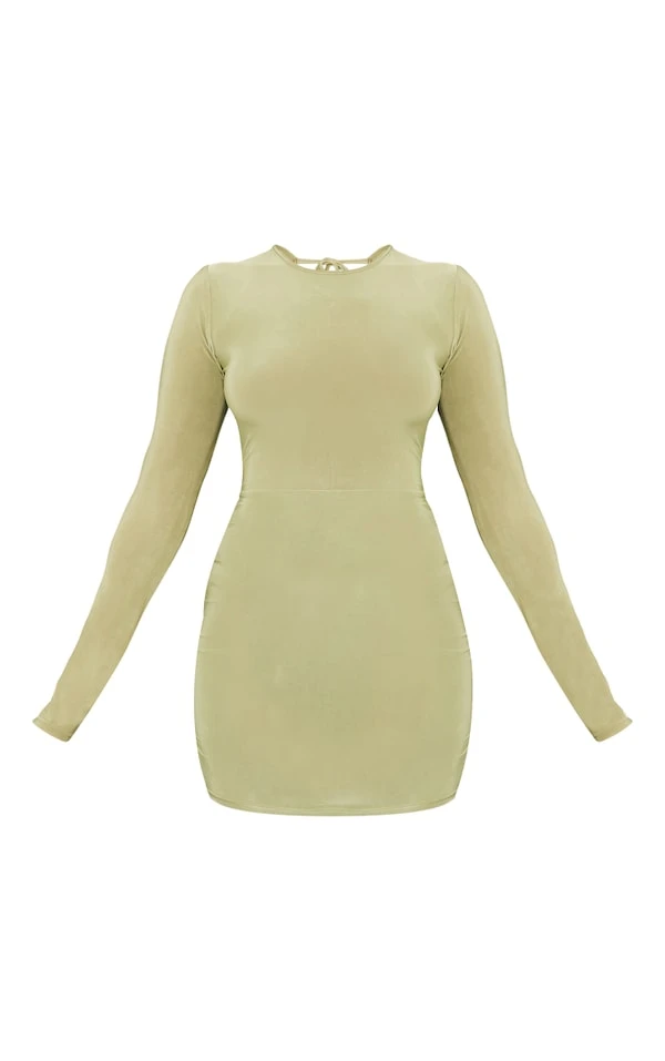 Robe Très Moulante Vert Olive Nouée Ouverte Dans Le Dos à Manches Longues 5 Robe Très Moulante Vert Olive Nouée Ouverte Dans Le Dos à Manches Longues – Image 5