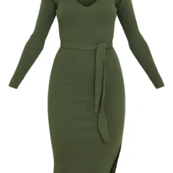 Robe Mi-longue Fendue Kaki à Manches Longues Et Ceinture -Pas Cher Robe Tendre Magasin b38e30b0a29877bd940c085ea09d1c58408b6f8c cmp8731 6