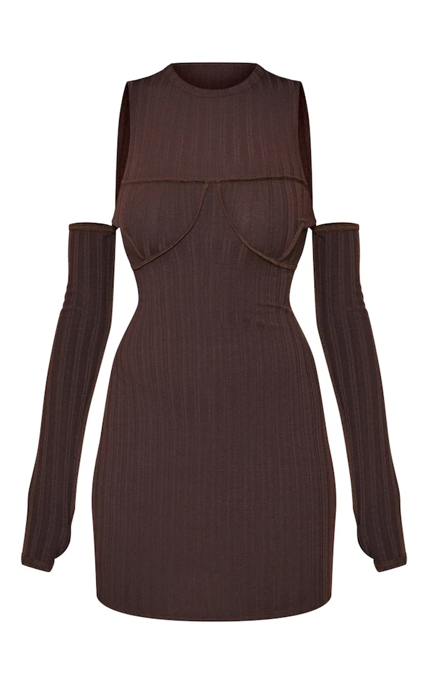 Robe Moulante Côtelée Marron Chocolat à épaules Dénudées Et Coutures Apparentes 5 Robe Moulante Côtelée Marron Chocolat à épaules Dénudées Et Coutures Apparentes – Image 5