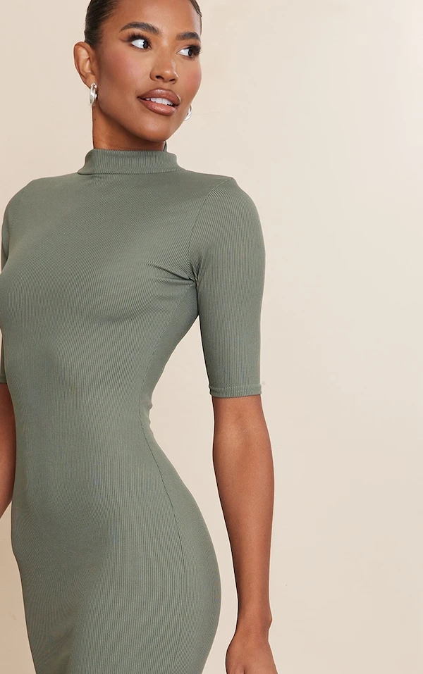 Robe Mi-longue Kaki à Col Haut Et Manches Courtes 4 Robe Mi-longue Kaki à Col Haut Et Manches Courtes – Image 4