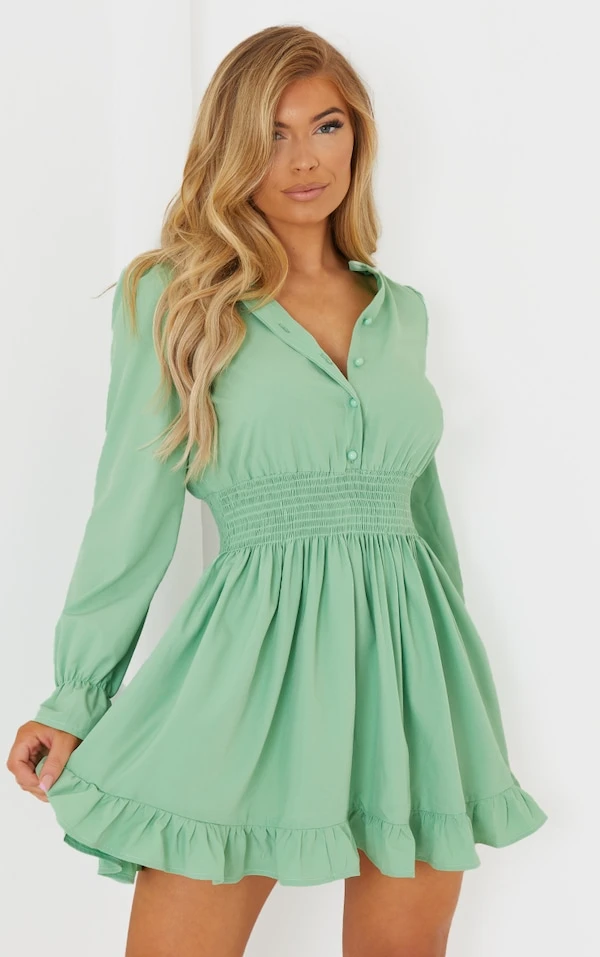 Robe Chemise Vert Sauge Resserrée à La Taille 1 Robe Chemise Vert Sauge Resserrée à La Taille