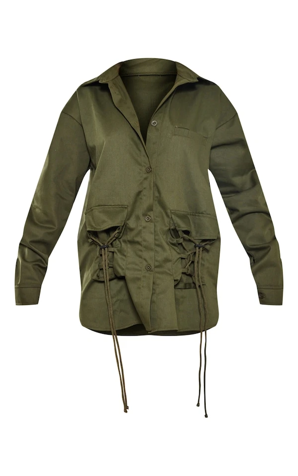 Robe Chemise Oversize En Maille Sergée Kaki à Poches Lacées 5 Robe Chemise Oversize En Maille Sergée Kaki à Poches Lacées – Image 5