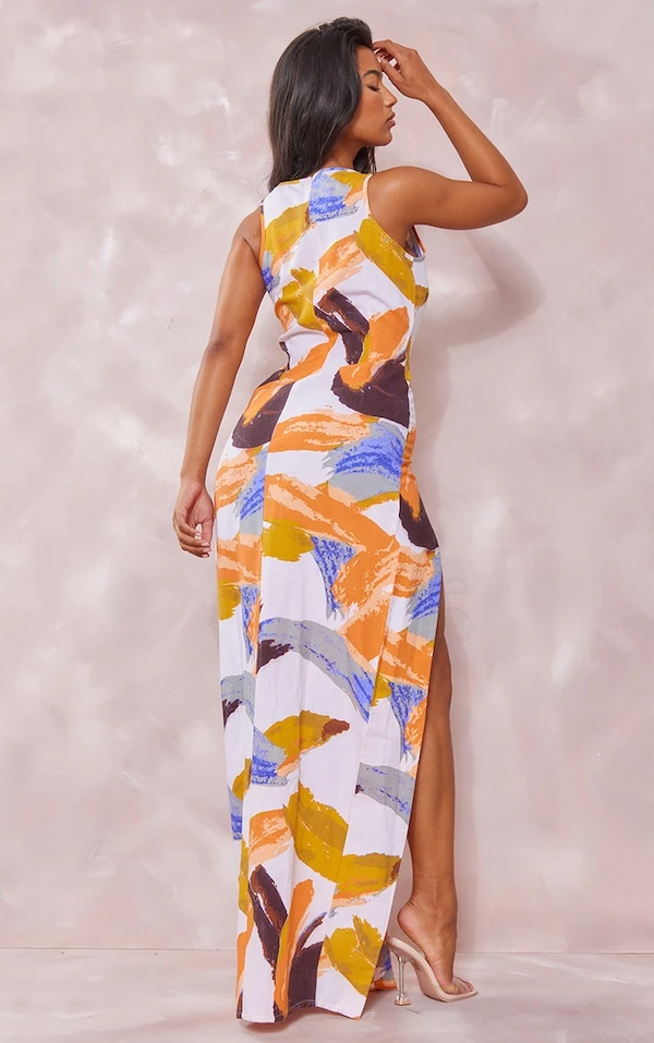 Robe Longue Blanche Imprimé Abstrait Effet Lin à Lacets Et Détail Oeillets 2 Robe Longue Blanche Imprimé Abstrait Effet Lin à Lacets Et Détail Oeillets – Image 2