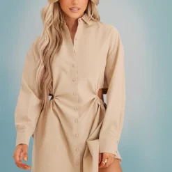 Robe Chemise Gris Pierre à Taille Froncée Et Découpée