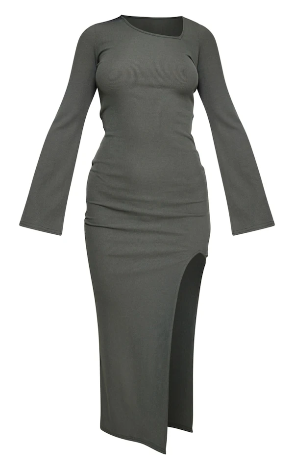 Robe Mi-longue Côtelée Vert Sauge Asymétrique Fendue à Manches évasées 5 Robe Mi-longue Côtelée Vert Sauge Asymétrique Fendue à Manches évasées – Image 5