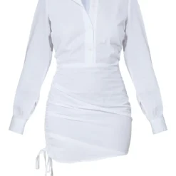 Robe Chemise Blanche Ajustée Froncée Sur Le Côté -Pas Cher Robe Tendre Magasin babbfe6fd96d05dc43acb408e86af30dc512b726 cmt6127 6