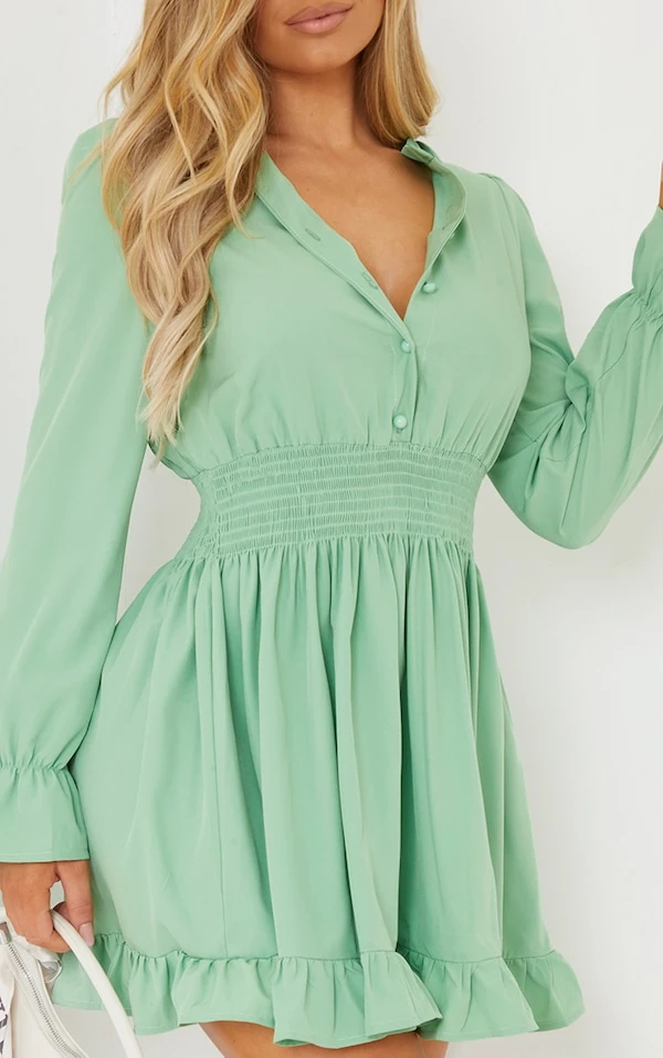 Robe Chemise Vert Sauge Resserrée à La Taille 4 Robe Chemise Vert Sauge Resserrée à La Taille – Image 4