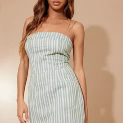 Robe Bustier Moulante Verte Effet Lin à Rayures