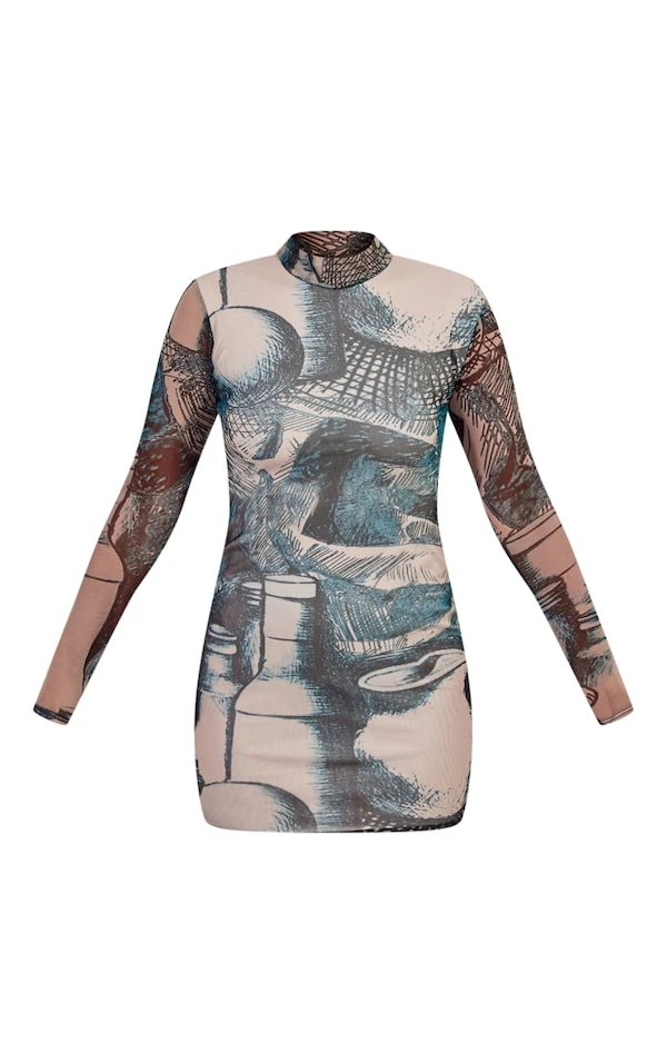 Robe Moulante En Mesh Froncé Vert Imprimé Abstrait à Manches Longues 5 Robe Moulante En Mesh Froncé Vert Imprimé Abstrait à Manches Longues – Image 5