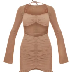 Robe Moulante En Mesh Froncé Café Au Lait Rosé à Manches Longues Et Ourlet Volanté -Pas Cher Robe Tendre Magasin bff548a160db8c83c7240efbeb28f40b80cf17ba cnc6167 5