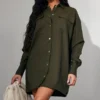 Robe Chemise Oversize Kaki Foncé à Boutons-pression