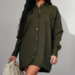 Robe Chemise Oversize Kaki Foncé à Boutons-pression