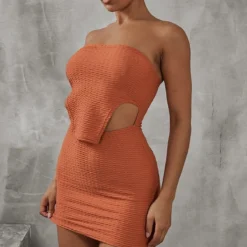 Robe Bustier Texturée Rouille à Ourlet Tombant