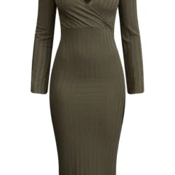 Robe Cache-coeur Mi-longue Côtelée Kaki à Manches évasées -Pas Cher Robe Tendre Magasin c193956222cc10c63c4c45fc1622f5dffba38c66 cnc1137 5