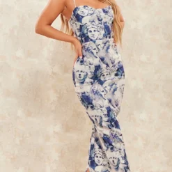 Robe Longue Bleue Imprimé Renaissance Tissée Stretch à Boutons Et Bretelles -Pas Cher Robe Tendre Magasin c222a2f217390a9c30d4cee6e39a6e70764f8f58 cne4561 3