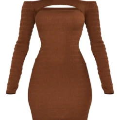 Robe Moulante Texturée Chocolat à Col Bardot Découpé -Pas Cher Robe Tendre Magasin c286e60a8d9fcbf5d63b8fdd337a4bc376c9b975 cnc7755 5