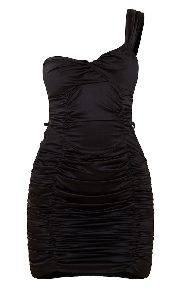 Robe Moulante Satinée Noire Froncée Asymétrique 5 Robe Moulante Satinée Noire Froncée Asymétrique – Image 5