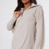 Robe Pull Oversize Côtelée Sable à Col Haut Et Demi-zip